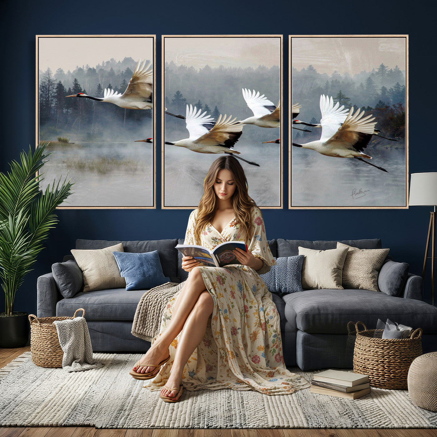 24356826-MGV-CV-36X24 - Flying Crane Canvas Wall Art Print, White Crane Bird Artwork, Wildlife Nature Decor, Lake Landscape Canvas - Ready to Hang