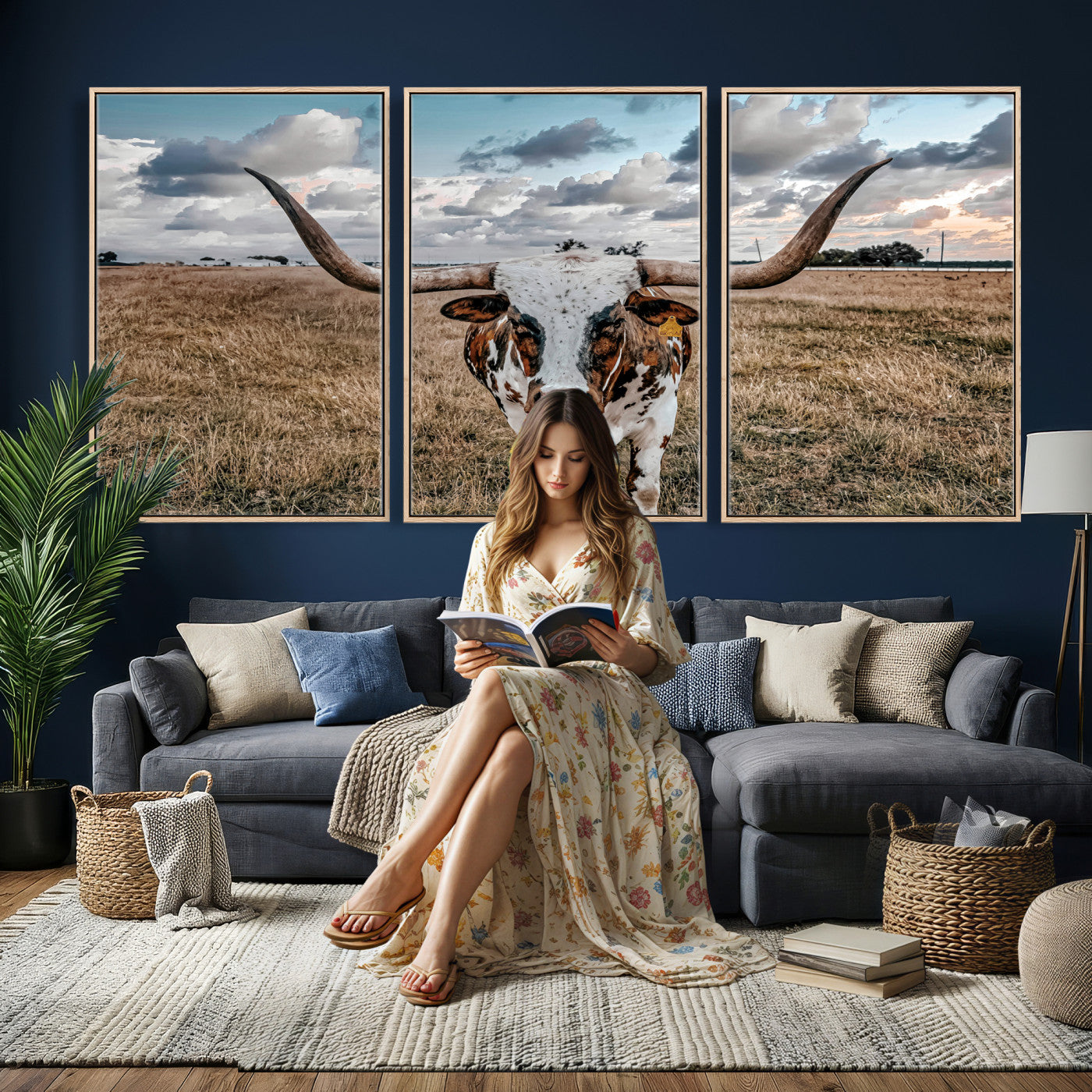 17464823-MGV-CV-36X24 - Texas Longhorn Canvas Wall Art Print, Western Cow Photography, Rustic Ranch Decor, Farmhouse Wall Art, Ready to Hang