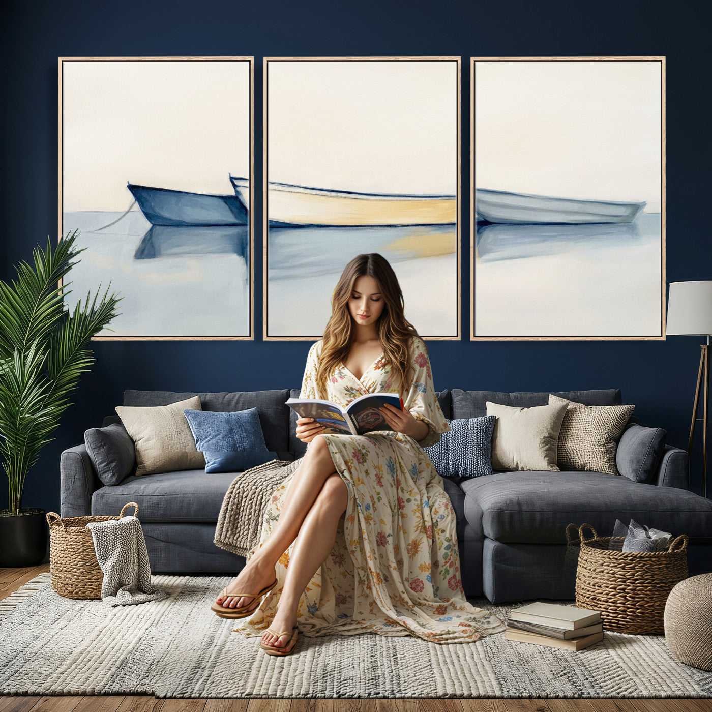 84017361-MGV-CV-36X24 - Abstract Three Boats Reflecting on Water Wall Art Canvas Print - Minimalist Coastal Seascape