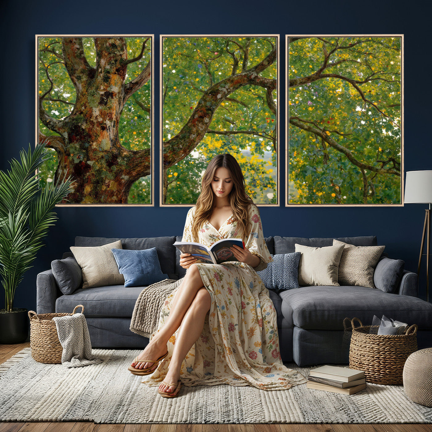 23663535-MGV-CV-36X24 - Vintage Summer Forest Green Tree Wall Art Canvas Print, Lush Leaves Impressionist Painting Print