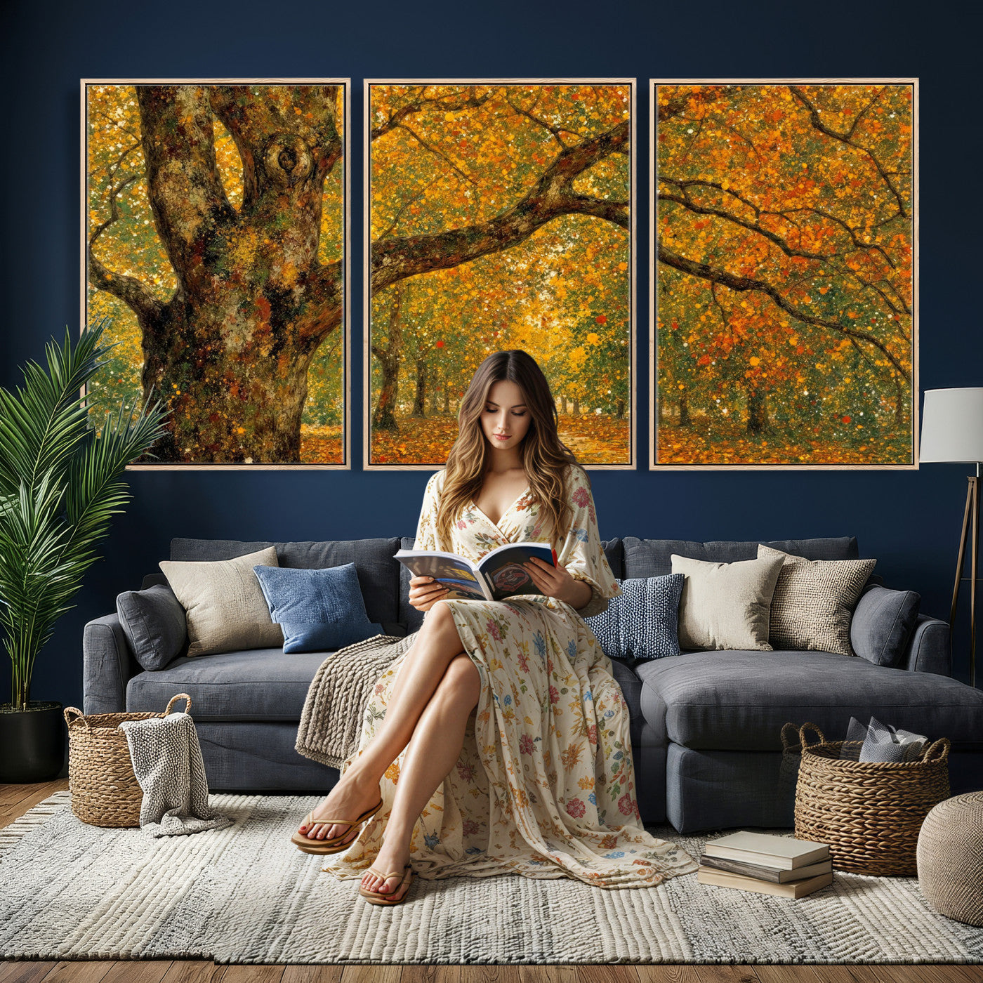 11536138-MGV-CV-36X24 - Vintage Autumn Forest Path Wall Art Canvas Print, Golden Leaves Impressionist Painting Print