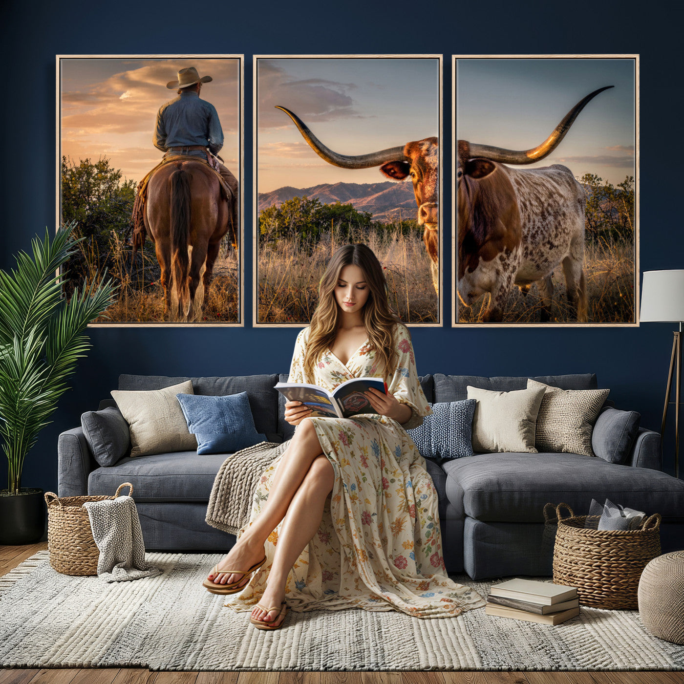62076449-MGV-CV-60X30-3P - Texas Cow Bull Longhorn Cowboy Western Wall Art Decor for Farmhouse