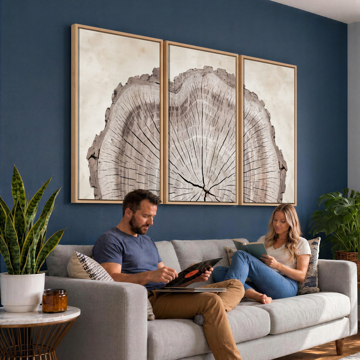 87833480-MGV-CV-60X30-3P - Tree Ring Canvas Wall Art in Neutral Earth Tones, Framed Wood Slice Print for Rustic and Japandi Interiors