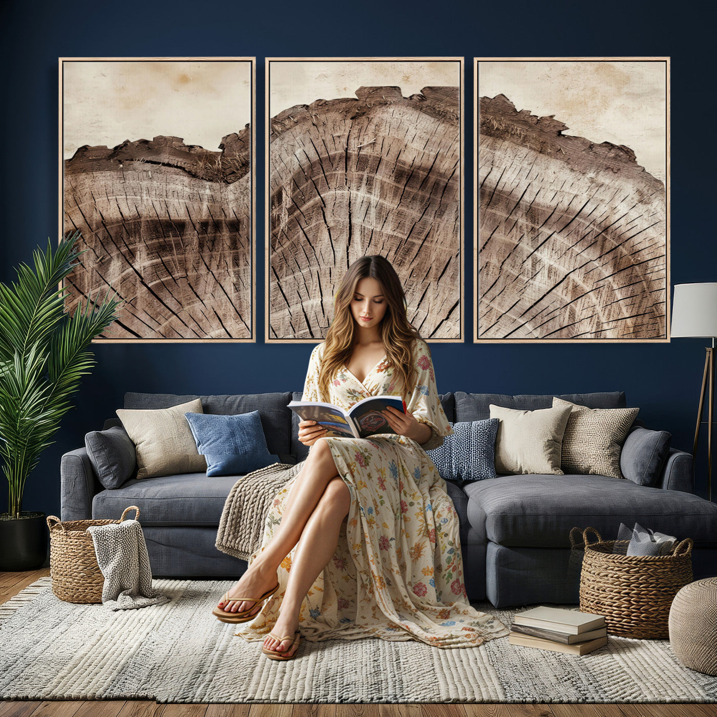 91280382-MGV-CV-60X30-3P - Tree Ring Canvas Wall Art in Neutral Earth Tones, Framed Wood Slice Print for Rustic and Japandi Interiors