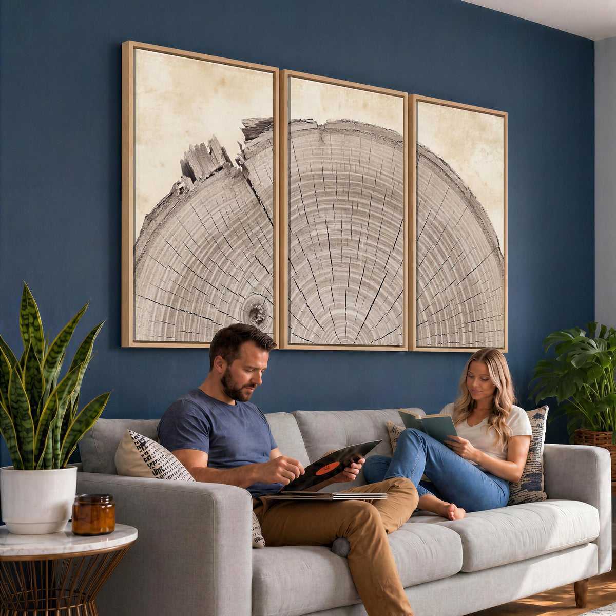 64174838-MGV-CV-60X30-3P - Tree Ring Canvas Wall Art in Neutral Earth Tones, Framed Wood Slice Print for Rustic and Japandi Interiors