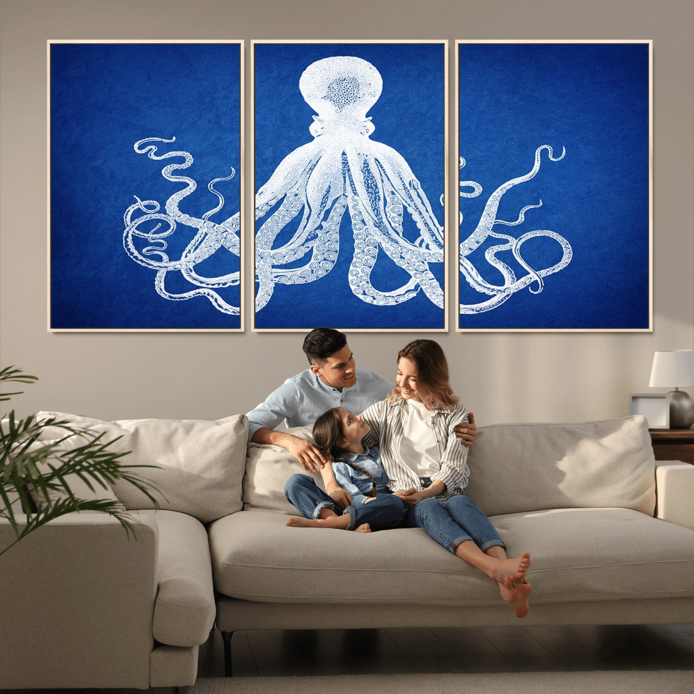 67315-MGV-CV-36X24-Large 3-Panel Blue Octopus Canvas Wall Art | Coastal Marine Life Artwork for Living Room, Bedroom,