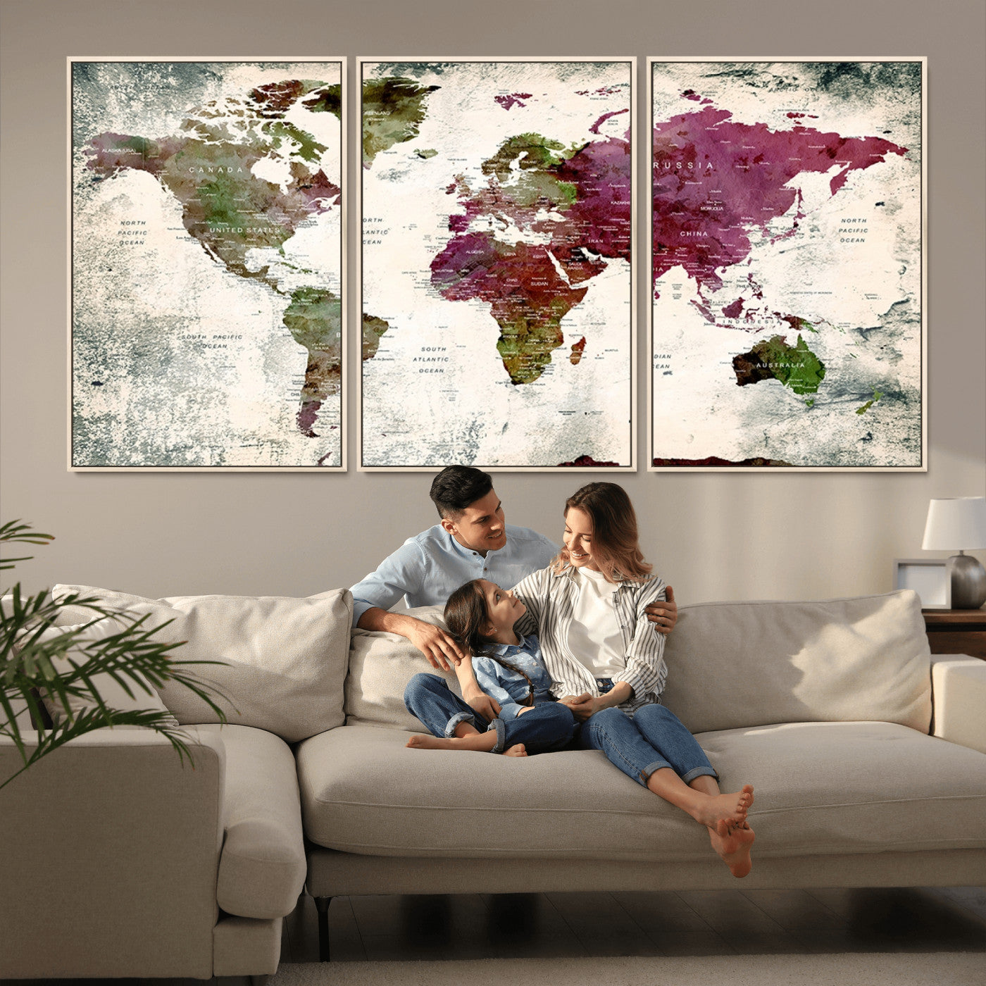 -Vintage Watercolor Push Pin World Map Canvas – Framed Travel Wall Art for Home and Office Decor