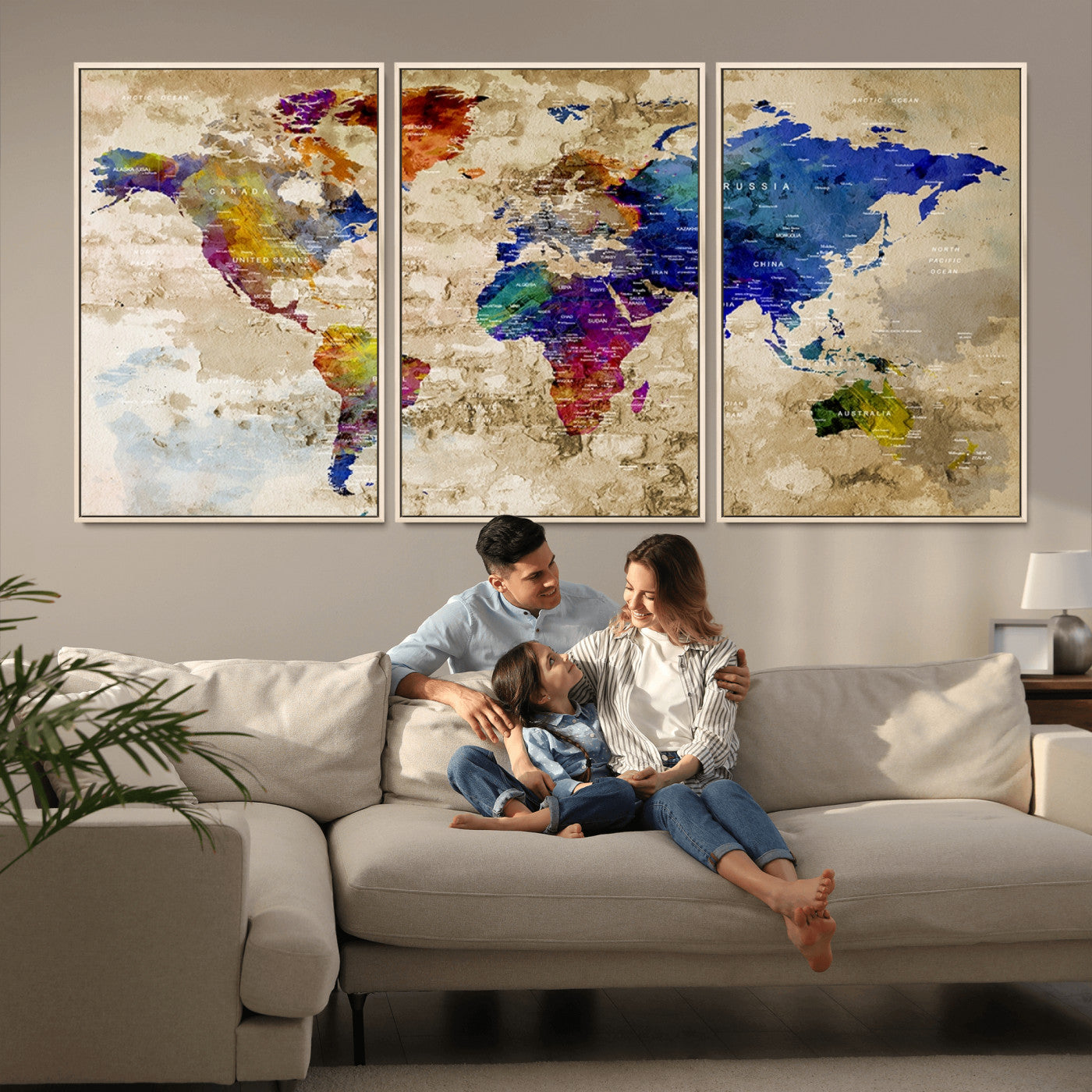 92939-MGV-CV-36X24-Colorful World Map Canvas Wall Art – Abstract Watercolor Map Print, Modern Travel Decor for Home Office or Study
