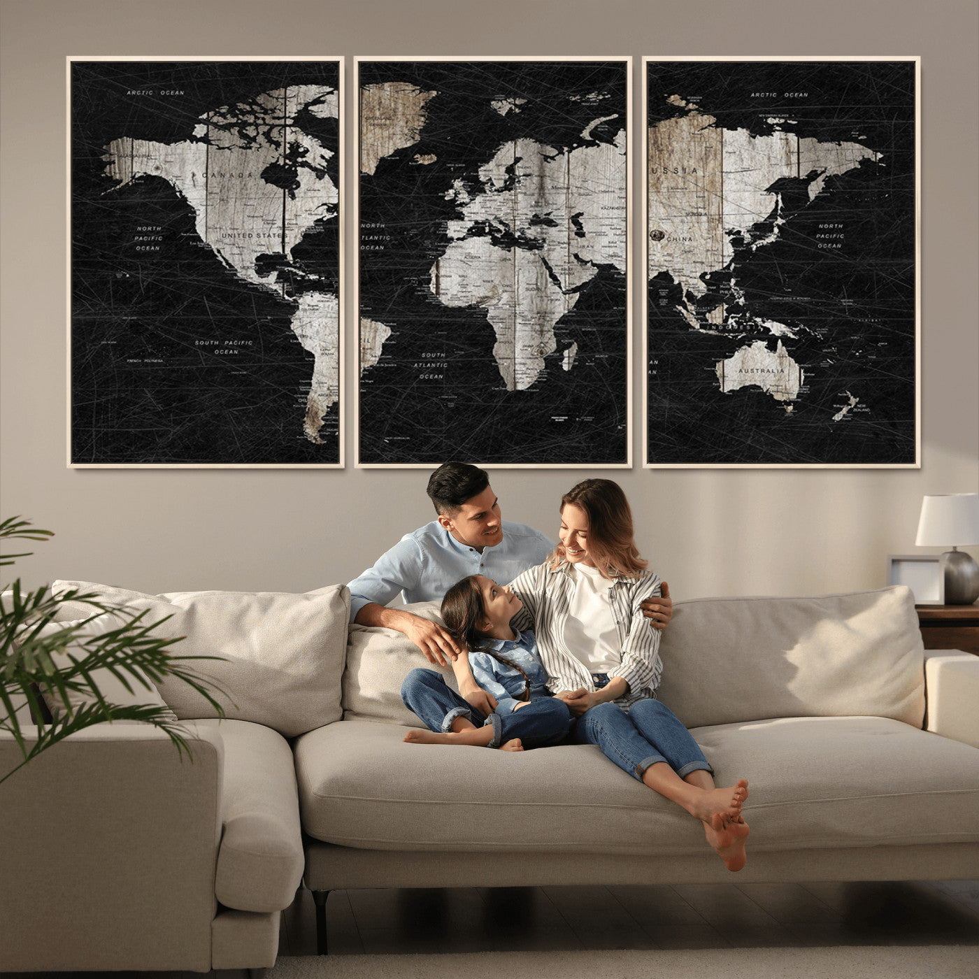 89998-MGV-FC-60X30-3P_Natural-Rustic Black and Wood World Map Canvas Wall Art – Framed Push Pin Travel Map for Home and Office Decor, Modern Vintage Wall Artwork