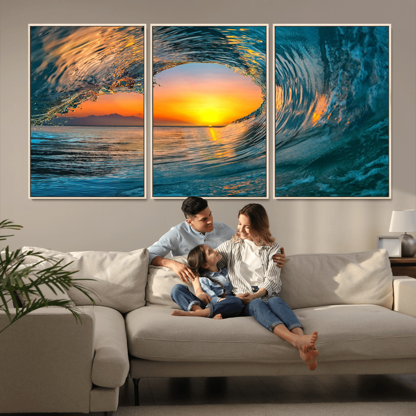 84279-MGV-CV-36X24-Ocean Wave Sunset Wall Art | Large Coastal Wave Canvas Print | 3-Panel Ocean Sunset Seascape for