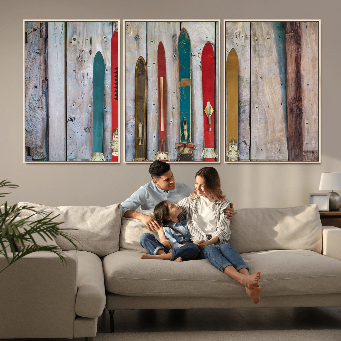 -Vintage Wooden Weathered Ski's in Front of an Old Barn Wall Art Canvas Print for Farmhouse, Cabin