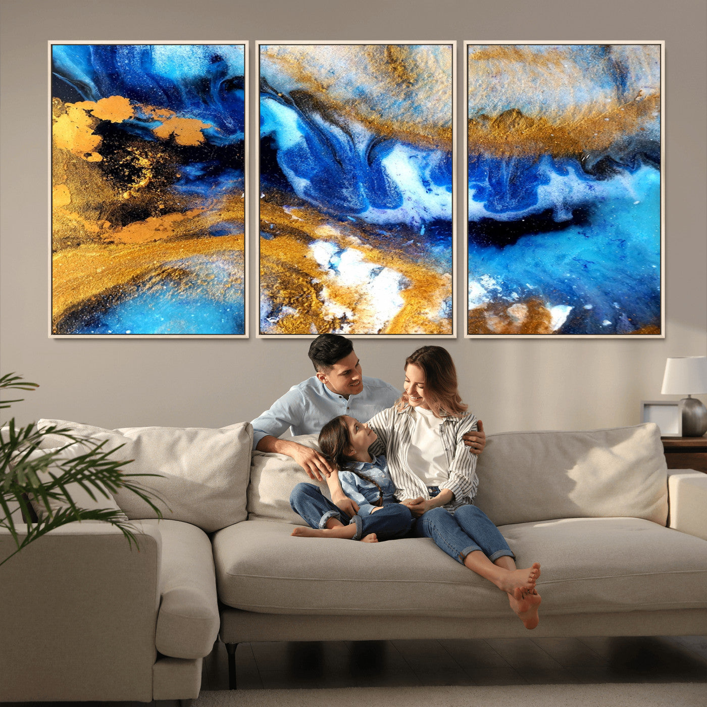 42100-MGV-CV-36X24-Blue Orange Marble Fluid Effect Canvas Wall Art Print