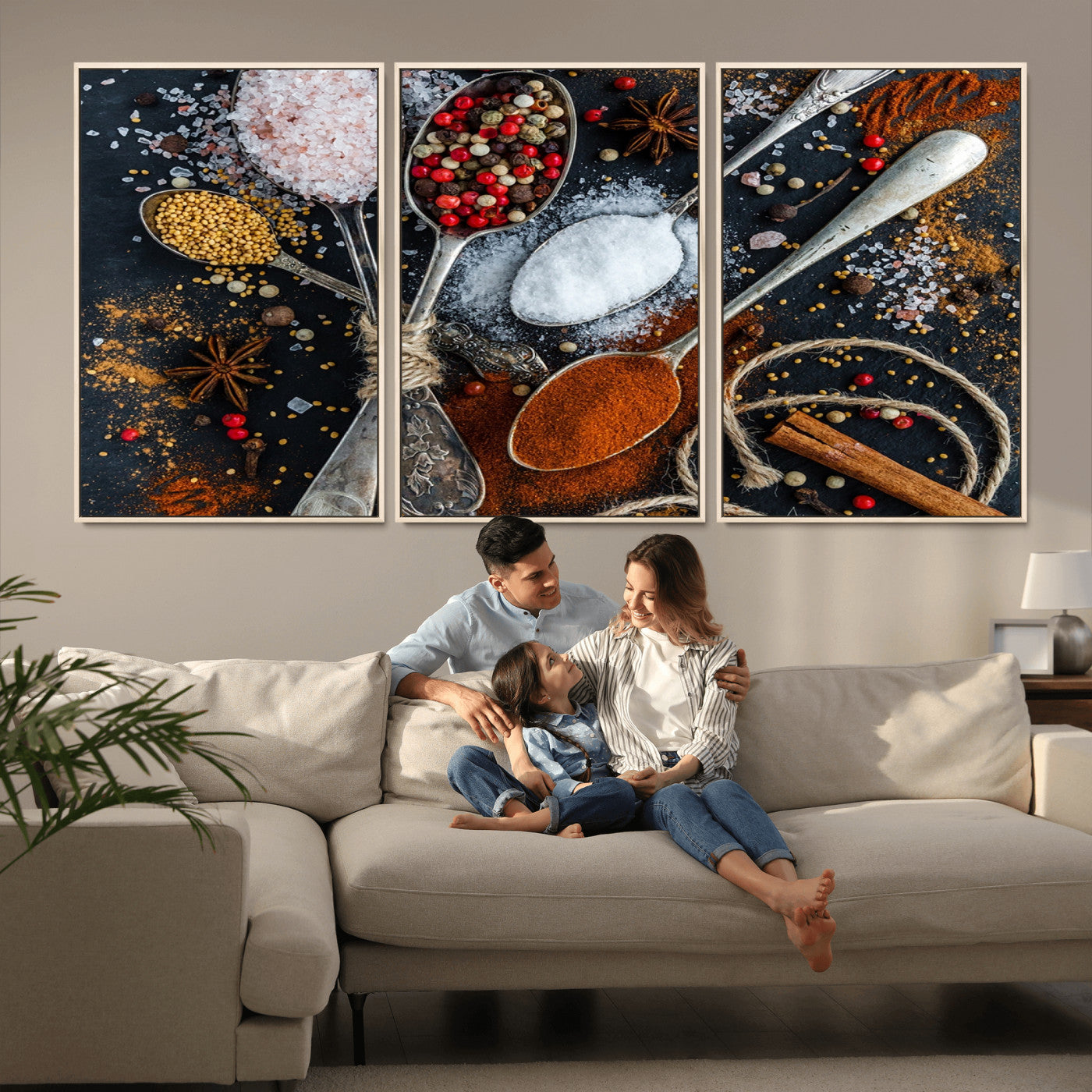 -Spices and Seasonings Canvas Wall Art – Colorful Triptych Kitchen Decor – Culinary Art for Dining