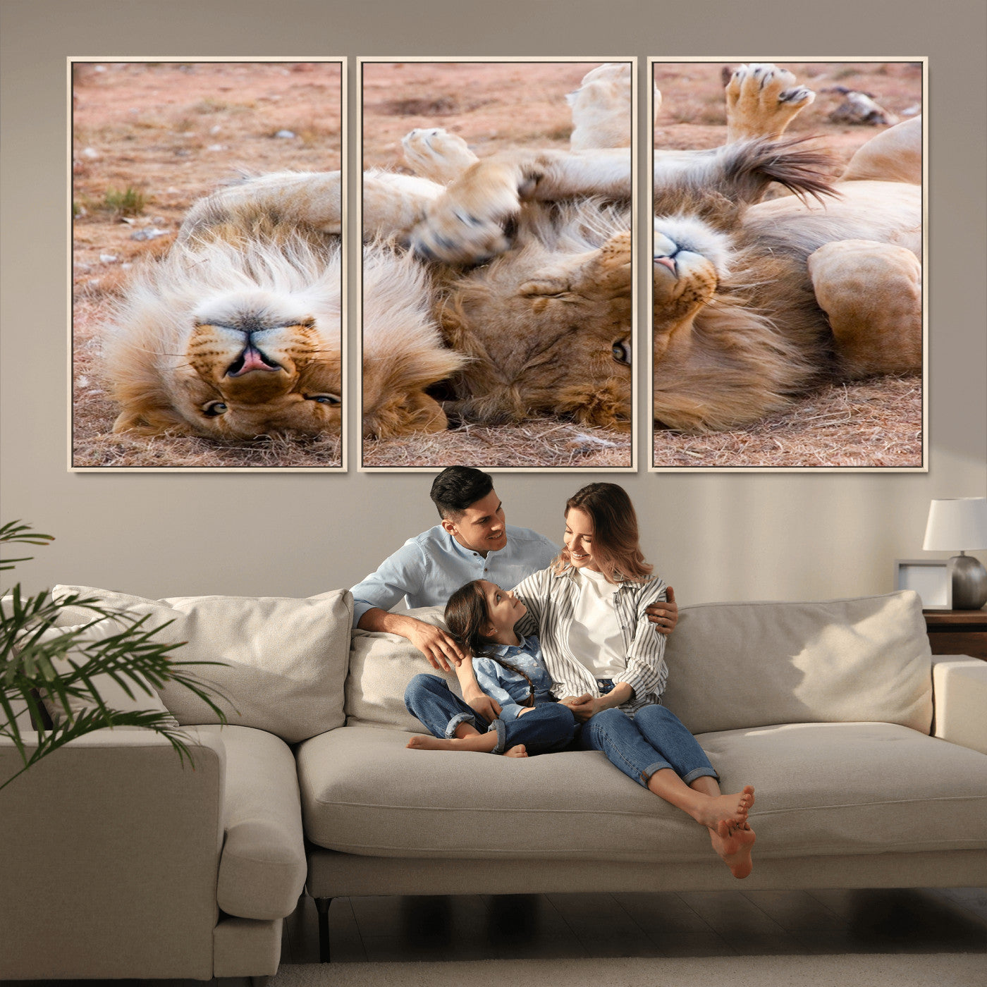 -Lion Pair Wall Art Canvas Print – Framed Wildlife Scene with Playful Lions Artwork for Home, Office, Living Room