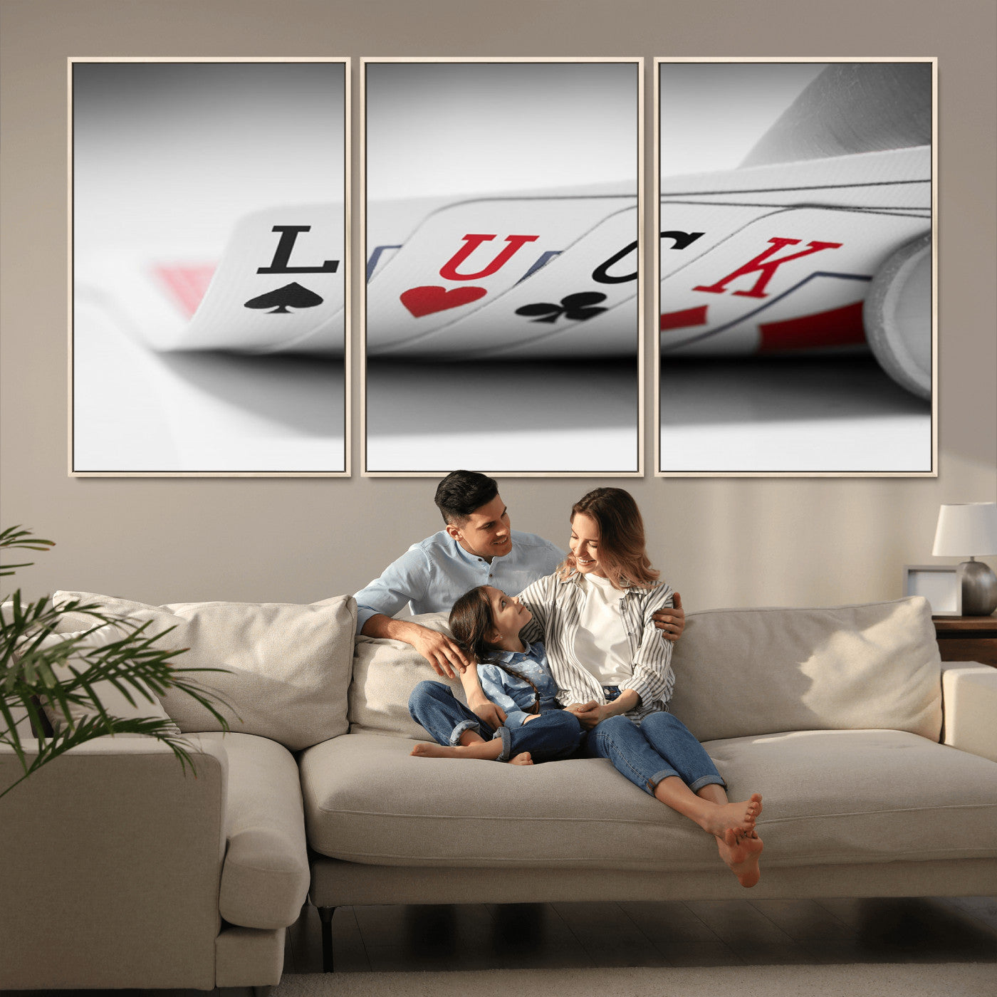 -Framed Luck Poker Cards Canvas – Modern Triptych Wall Art, Ready to Hang for Game Rooms