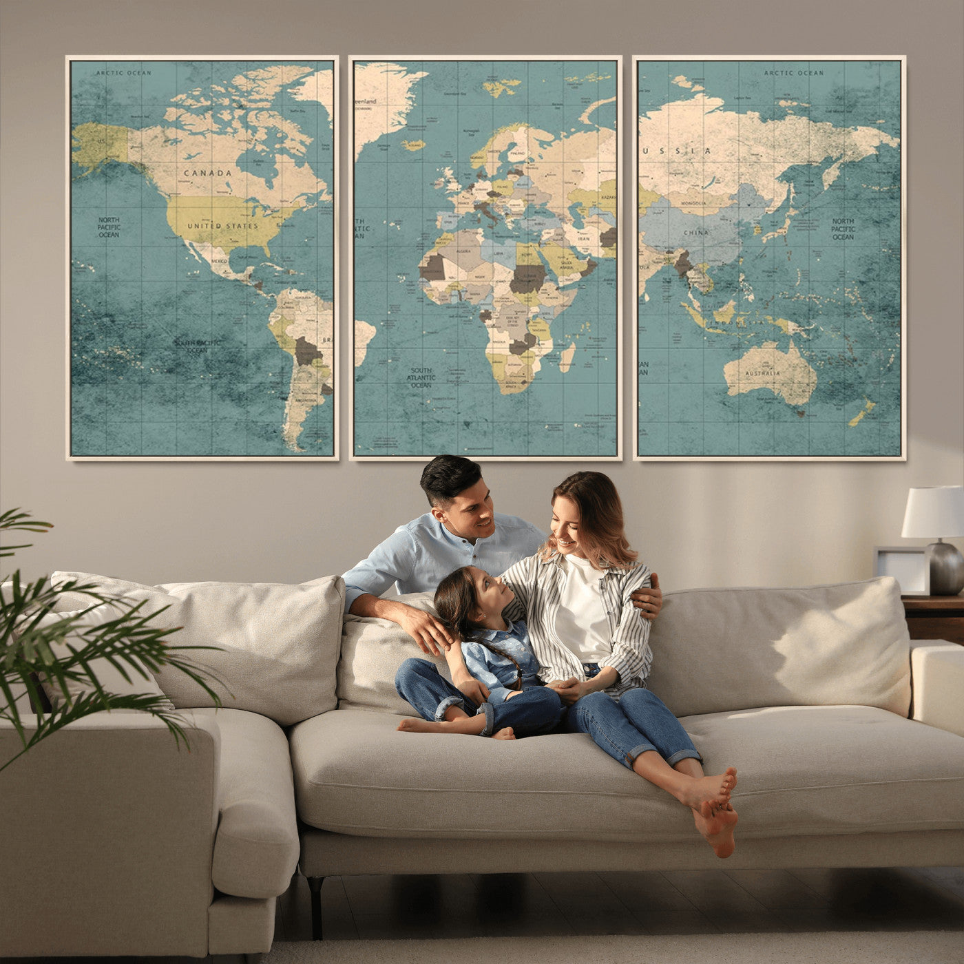 -Classic World Map Canvas Print – Framed Vintage Map Wall Art, Retro Atlas Design for Rustic Explorer or Study Room Decor