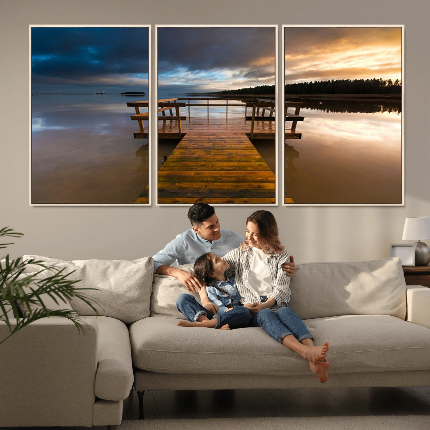 77616-MGV-FC-60X30-3P_Natural-Serene Lake Pier at Sunset Canvas Print | Landscape Canvas Print | Ready to Hang and Framed Wall Art