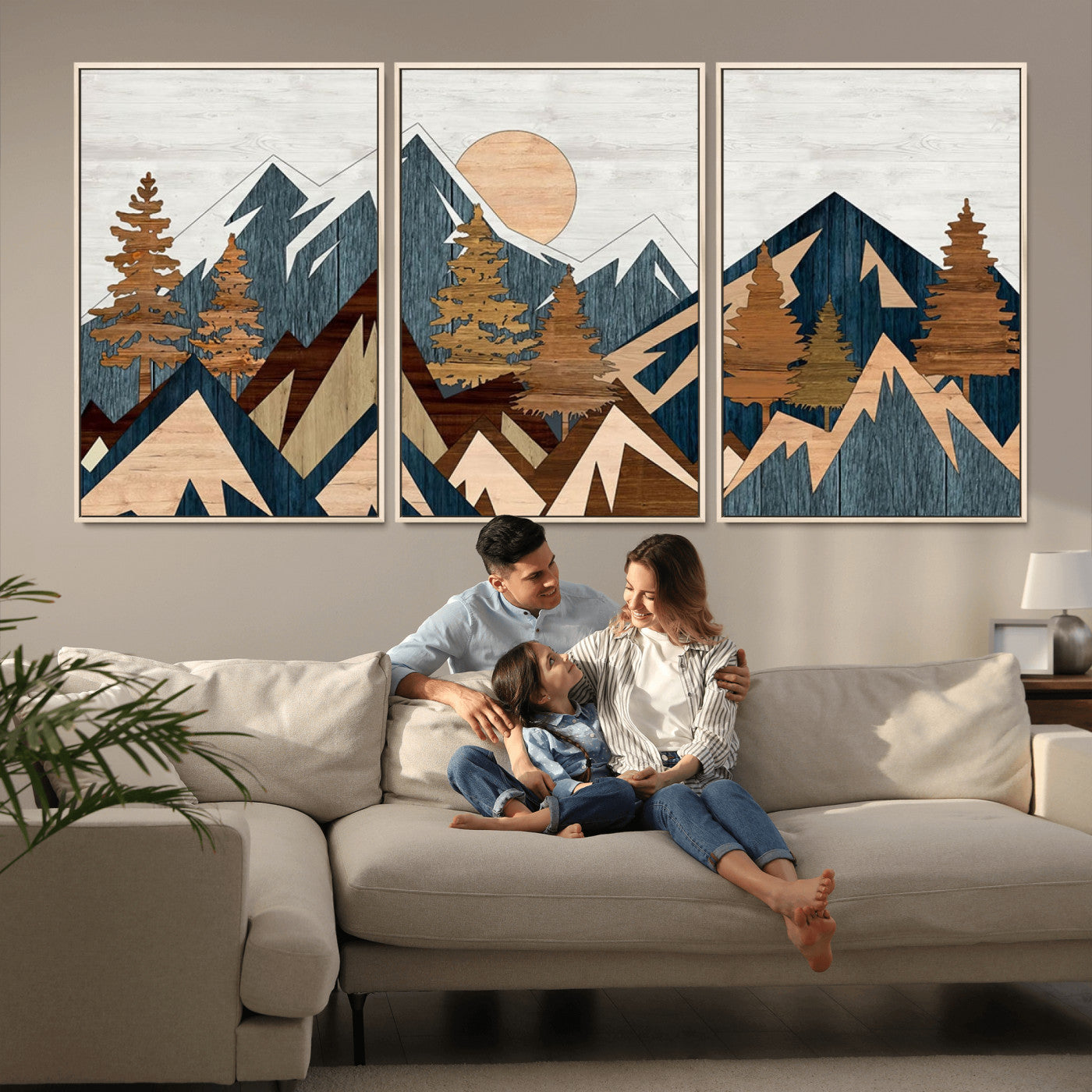 91467-MGV-CV-36X24-Abstract Wood Panel Effect Mountain Range Top Wall Art Canvas Print
