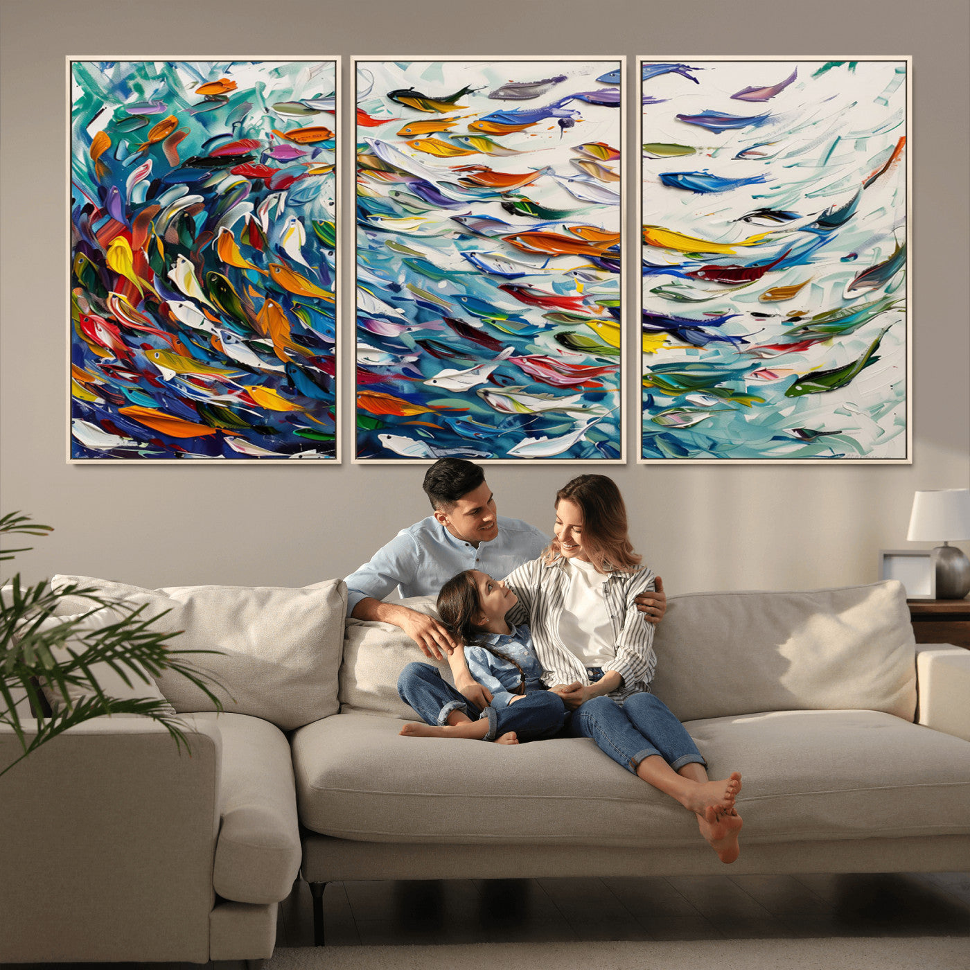 -Modern Abstract Fish Shoal Wall Art Canvas Print, Colorful Fish Herd Painting on Canvas Print, Ocean