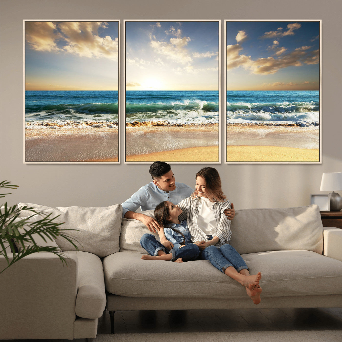 83376-MGV-CV-36X24-Golden Sunset Beach Triptych Canvas Wall Art for Living Room – 3-Panel Ocean View, Framed & Ready to