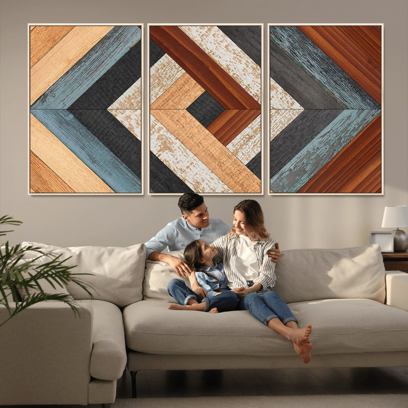 20897-MGV-CV-36X24-Geometric Wood Art Wall Decor Canvas Print, Rustic Wooden Pattern Triptych Wall Art for Living Room
