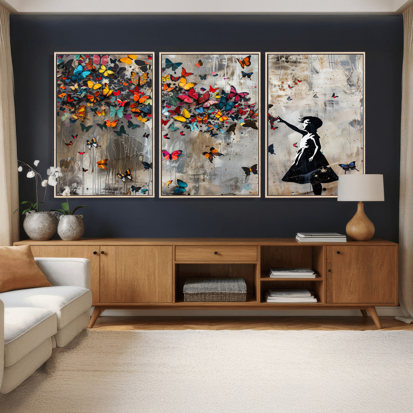 40269-MGV-CV-36X24 - Banksy Wall Art - Banksy Girl and Butterfly Explosion Wall Art Canvas Print | Girl with Butterflies