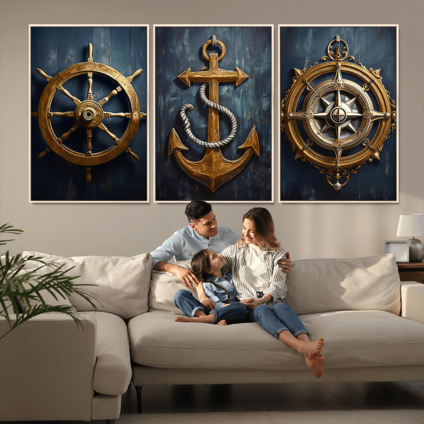 56214-MGV-FC-60X30-3P - Boat Anchor Compass With Rope Wall Art Canvas Print | Beach House Wall Art