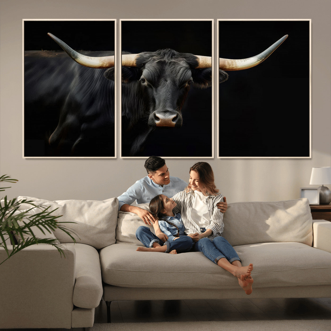 -Black Bull Wall Art – Majestic Longhorn Canvas Print with Dark Background, Rustic Western Farmhouse Decor for Living Room or Office