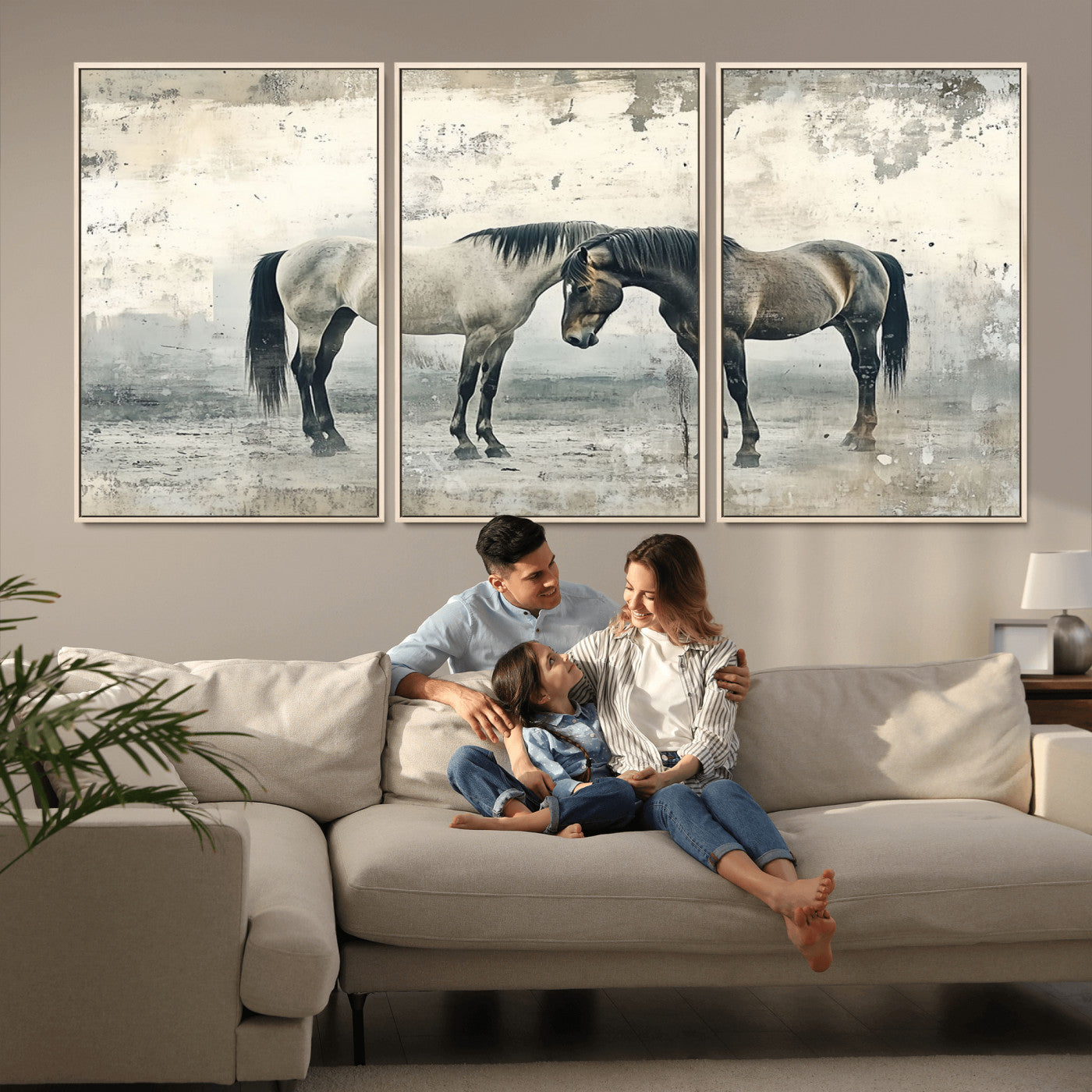 -Chines Style Majestic Horses Wall Art | Ready to Hang and Framed Triptych Print | Western Farmhouse