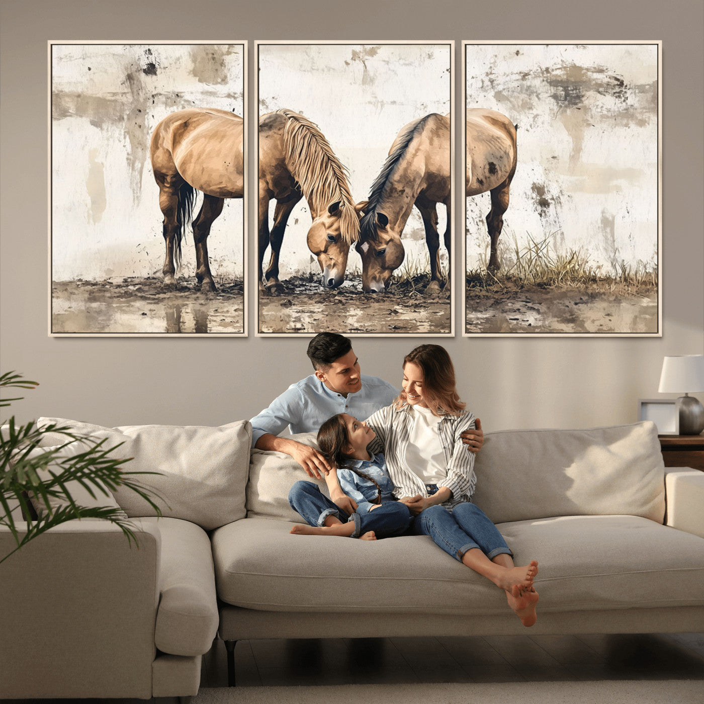 -Vintage Horses Wall Art | Ready to Hang and Framed Triptych | Western Farmhouse Wall Decor for