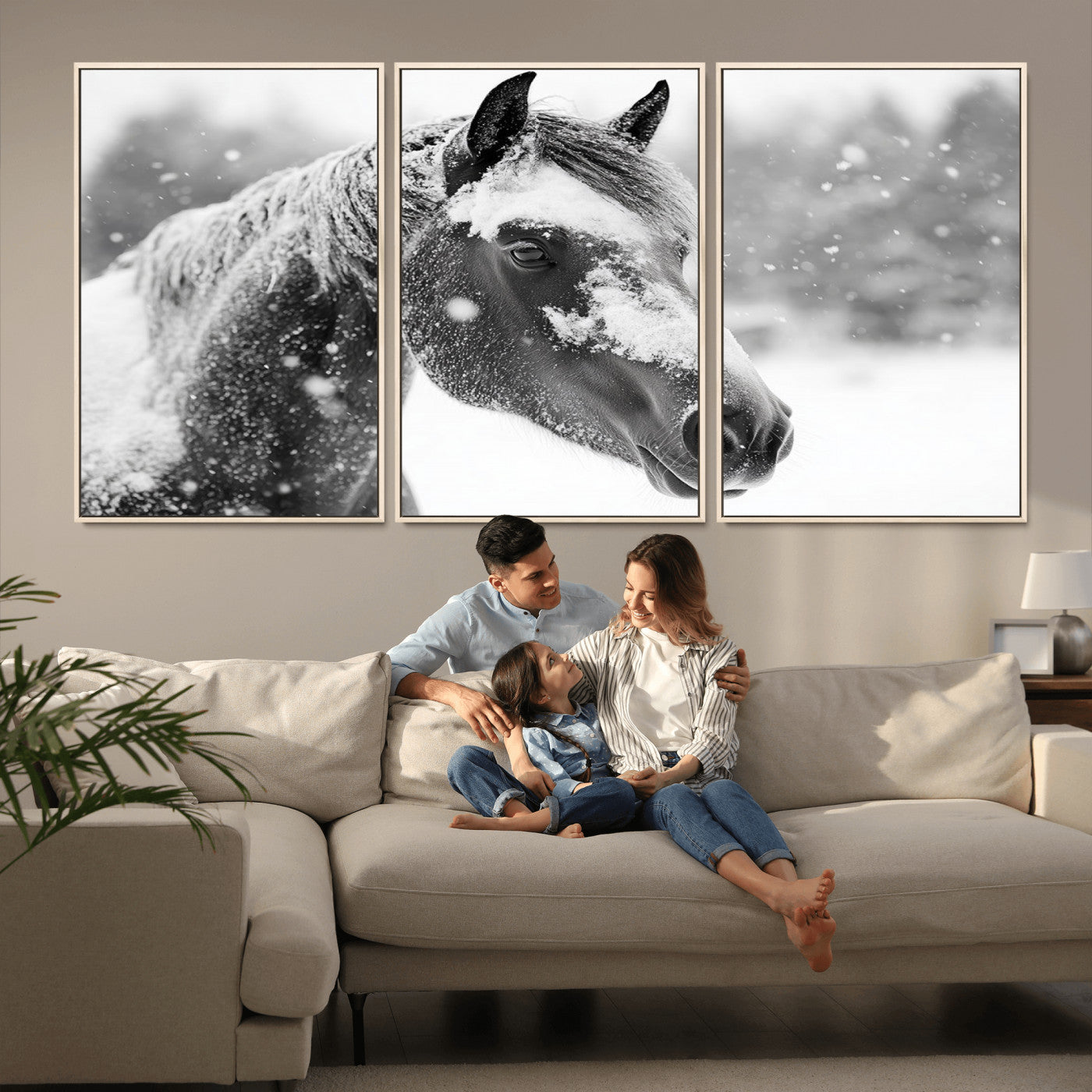 13358-MGV-FC-60X30-3P_Natural-Black Horse Winter Wall Art | Ready to Hang and Framed | Farmhouse and Western Wall Decor for Living Room