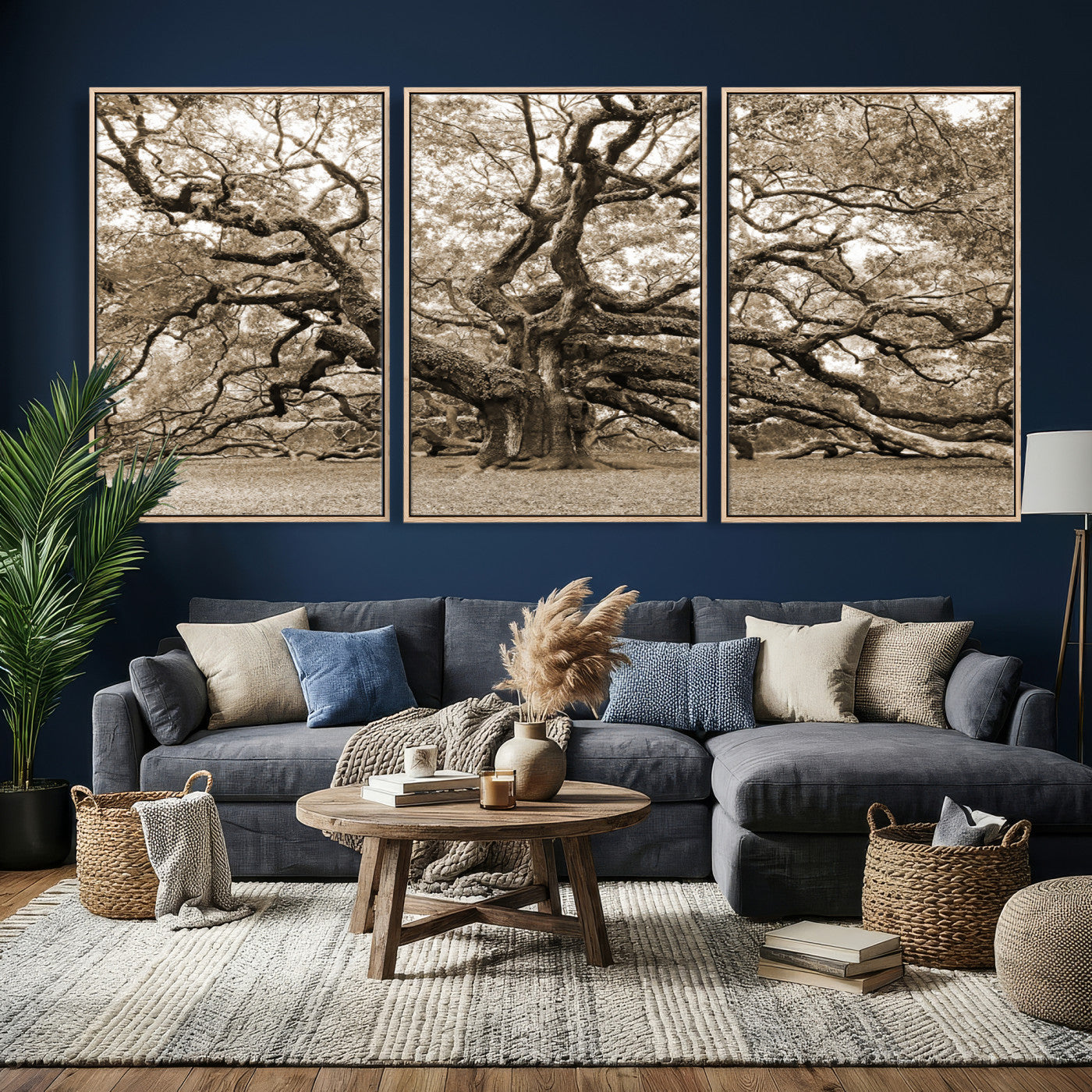 51126-MGV-CV-36X24 - Sepia Framed Angel Oak Tree Wall Art - 3-Panel Canvas Prints, Large Green Nature Artwork, Ready to