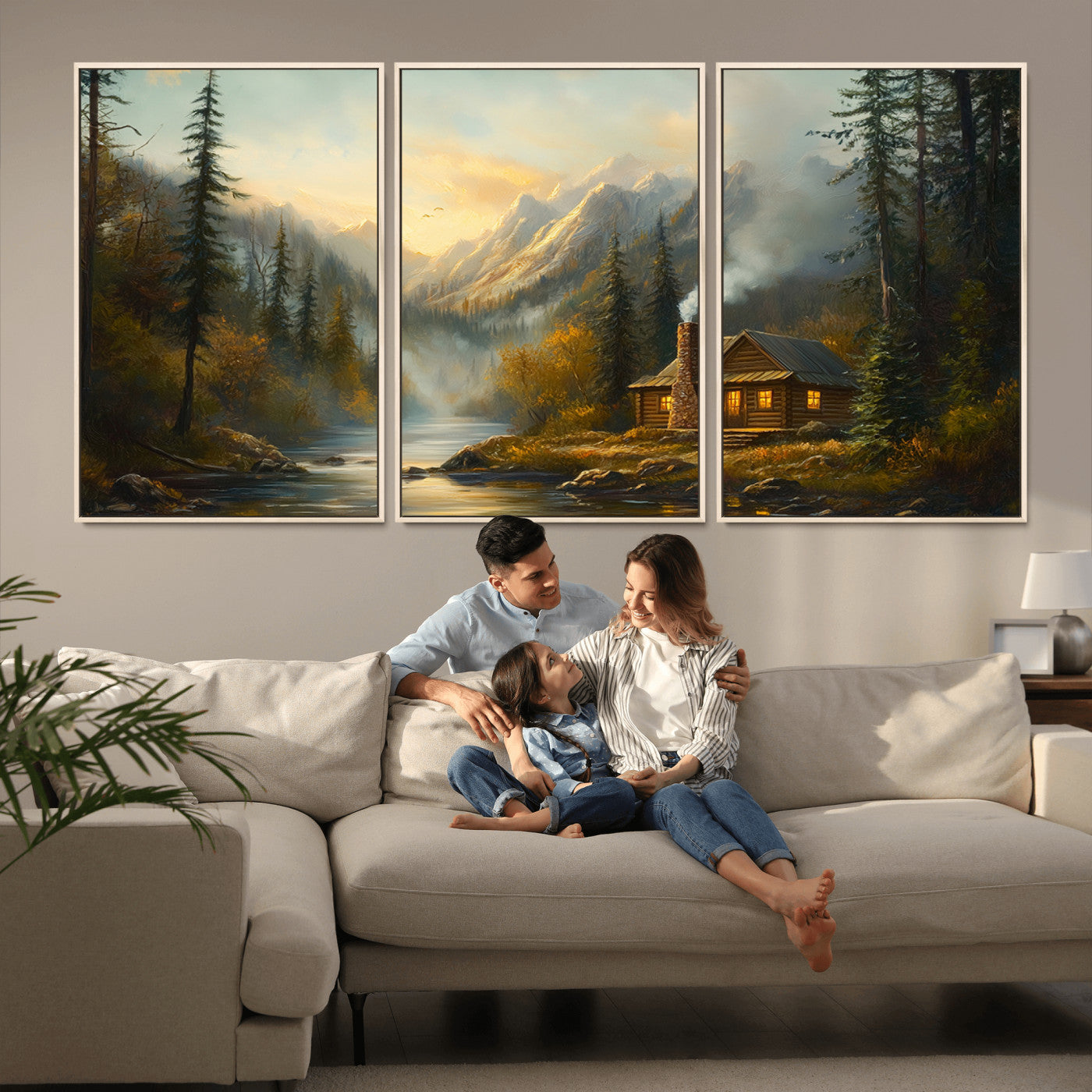 76464-MGV-CV-36X24-Wood Cabin Retreat Mountain at Sunset Wall Art Print - Serene Forest and River Landscape Wall Art