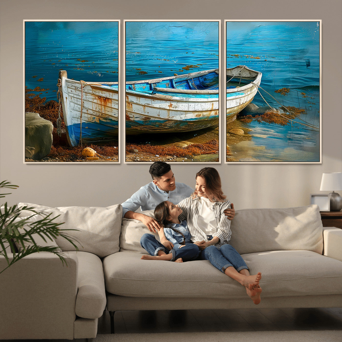 54716-MGV-CV-36X24-Vintage Boat on Tranquil Waters | Coastal Wall Art for Nautical Decor | Rustic Triptych Canvas Print