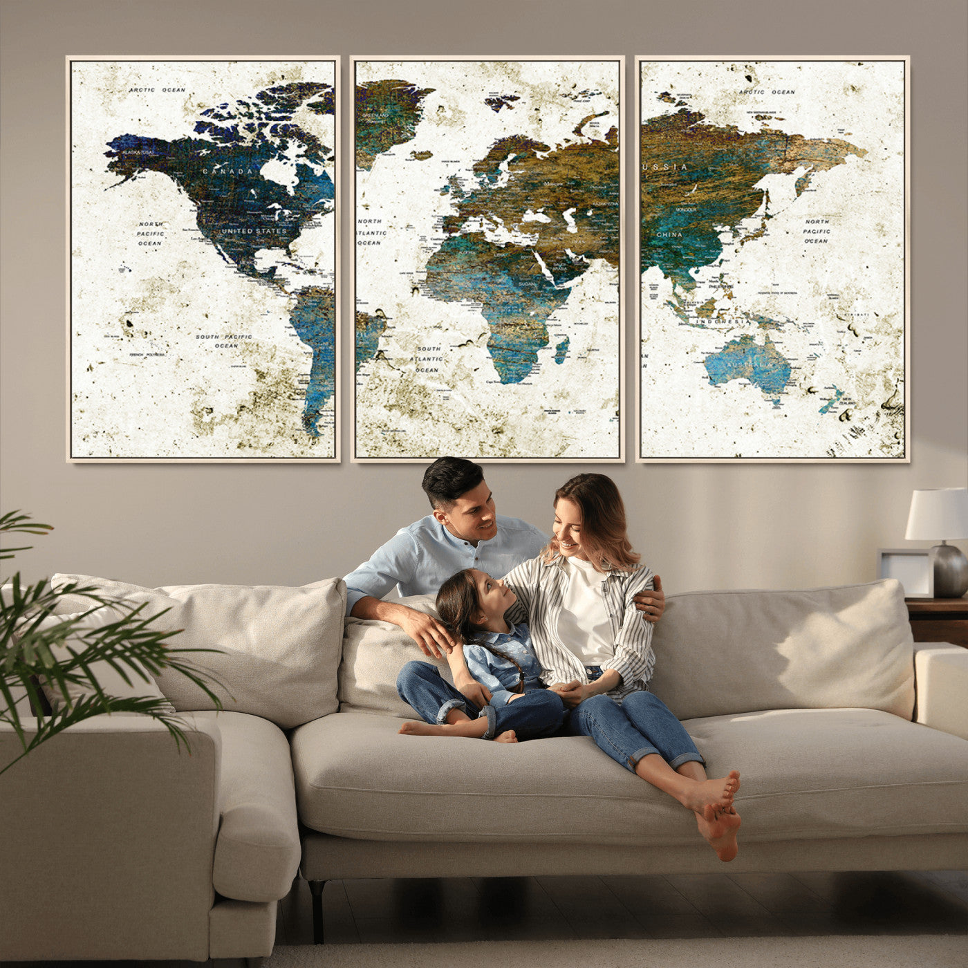 89176-MGV-CV-36X24-Vintage Blue and Brown World Map Canvas Wall Art – Framed Rustic Map Print, Earth Tone Travel Decor for Stylish Home and Office Walls