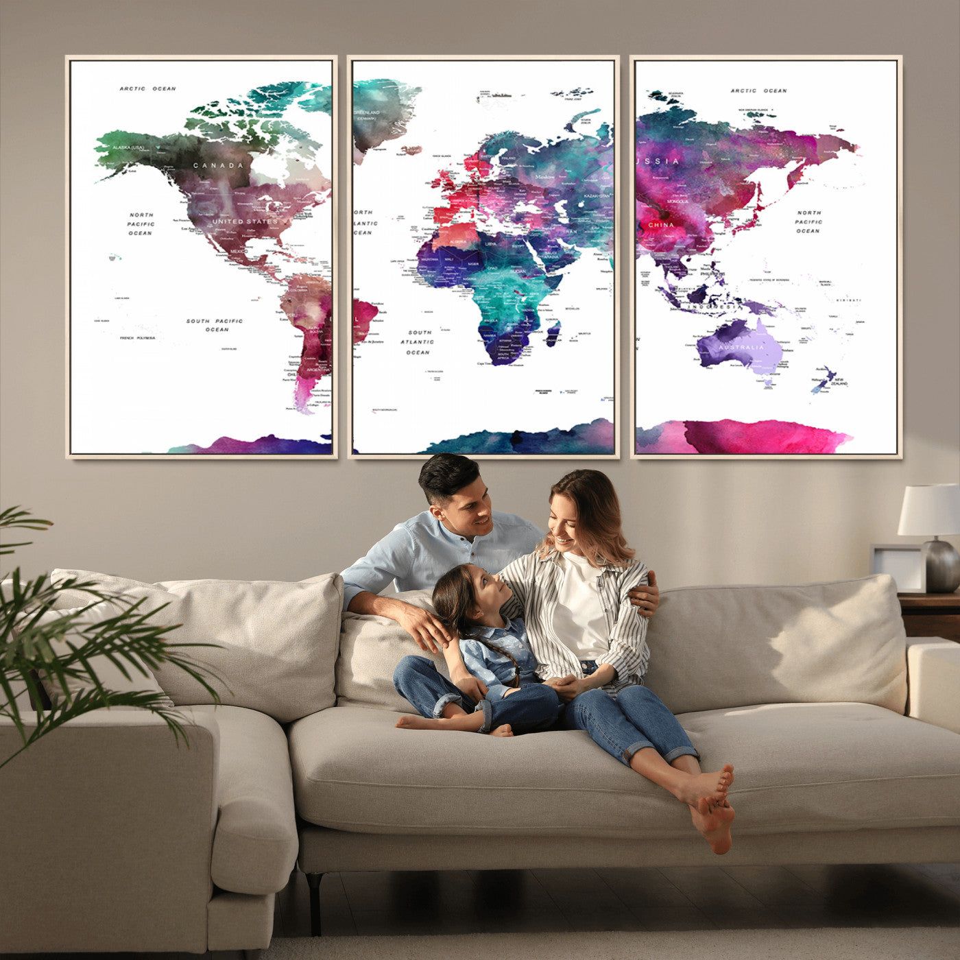 78176-MGV-CV-36X24-Colorful Watercolor World Map Canvas Wall Art – Framed Modern Map Print, Vibrant Travel Inspired Artwork for Home and Office Decor