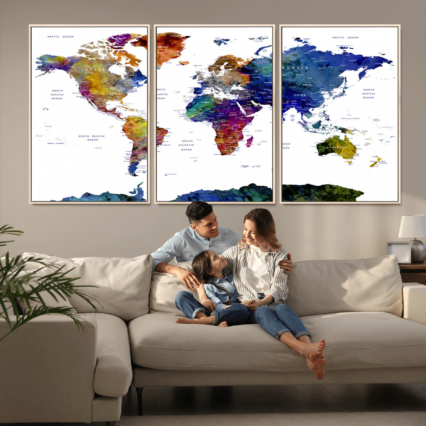 90446-MGV-CV-36X24-Colorful Watercolor World Map Canvas Wall Art – Framed Modern Push Pin Travel Map for Home and Office Decor