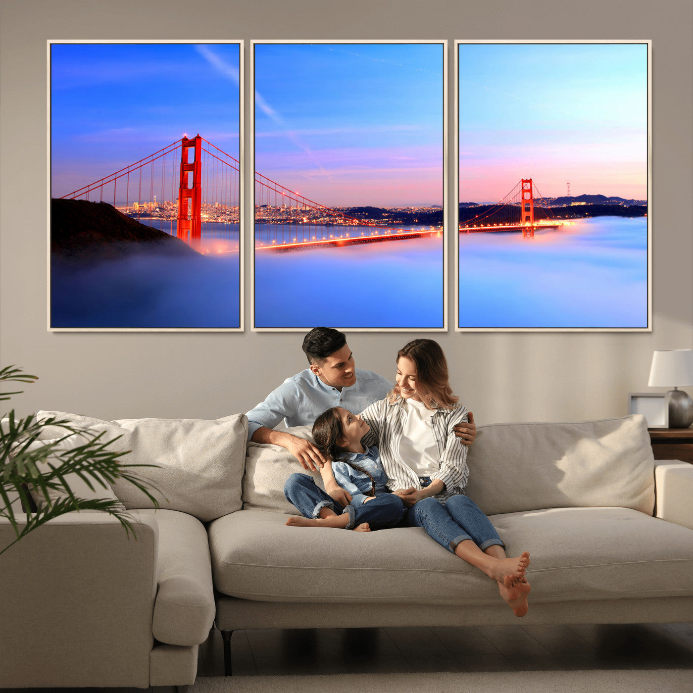 MGV-FC-60X30-3P - Golden Gate Bridge Wall Art Print, San Francisco Sunset Canvas Wall Art, Cityscape Canvas Print for