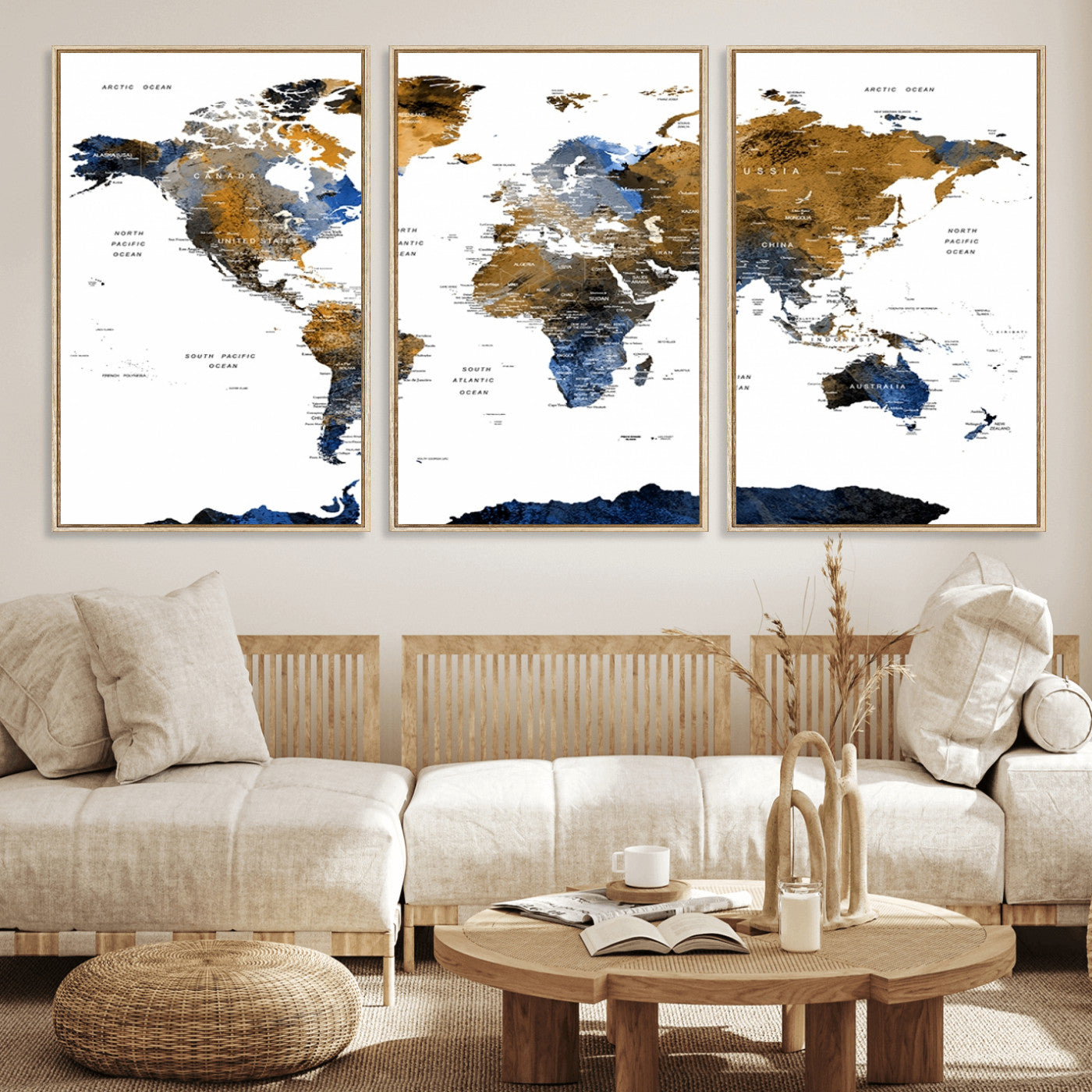 56231-MGV-FC-60X30-3P_Natural-Navy and Gold World Map Canvas Wall Art – Framed Modern World Map Print, Elegant Travel Inspired Artwork for Home and Office Decor