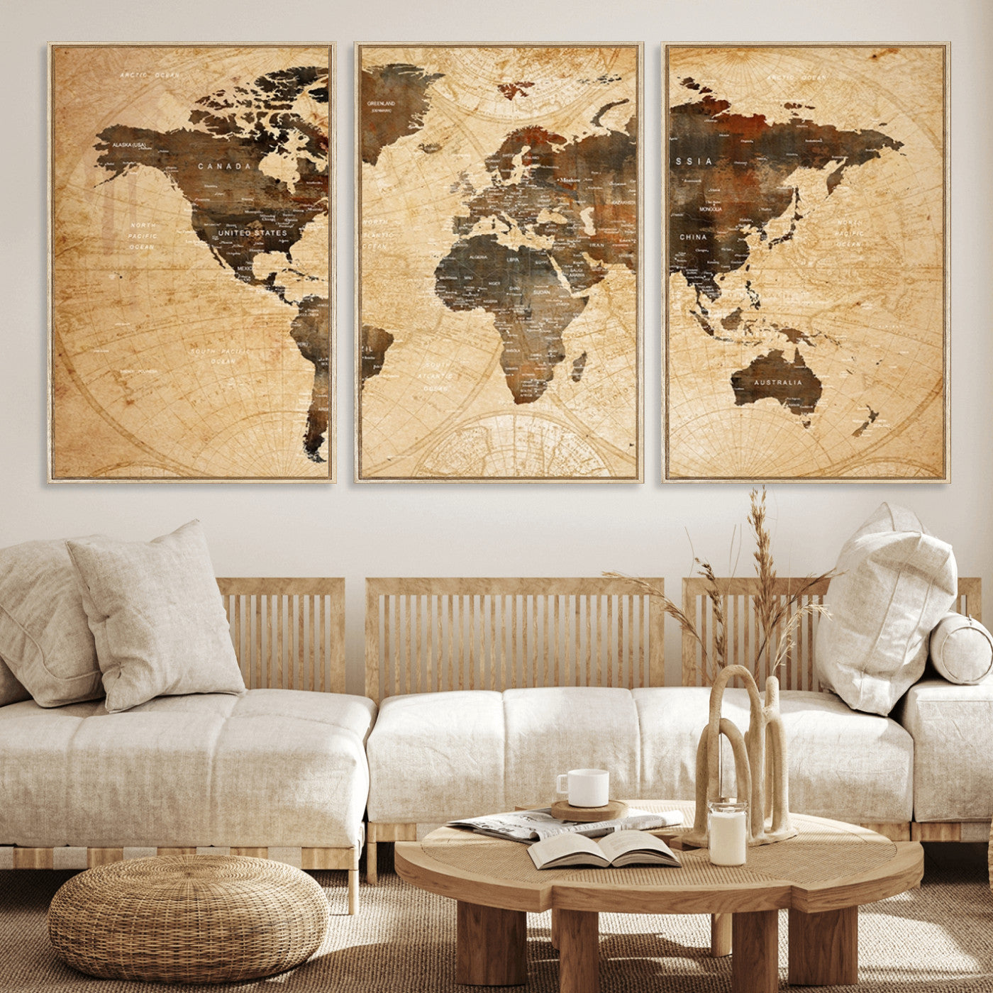 13813-MGV-FC-60X30-3P_Natural-Push Pin World Map Canvas Print – Framed Travel Tracker Wall Art for Couples, Perfect Anniversary Gift and Home Decor