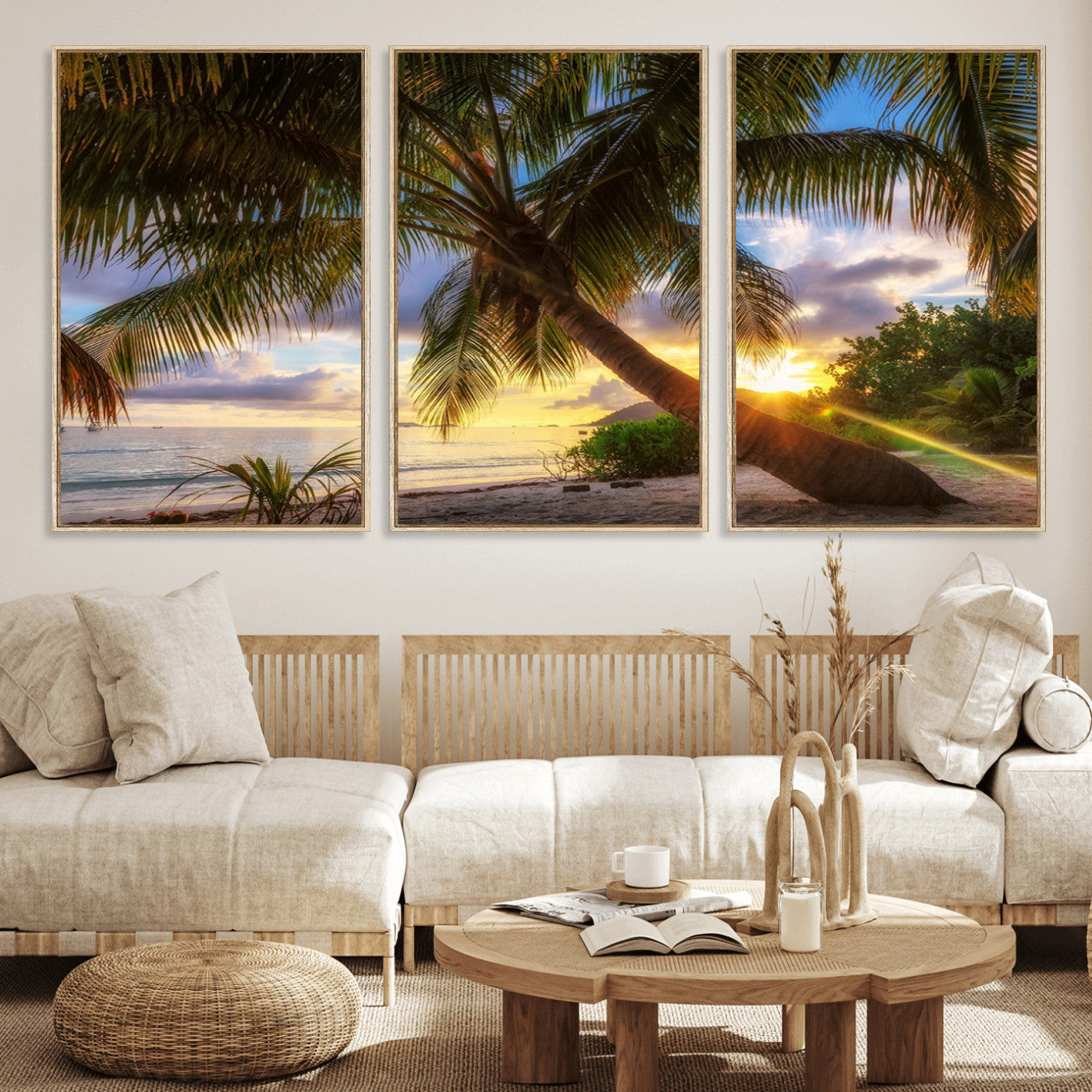 49751-MGV-FC-60X30-3P_Natural-Tropical Island Sunset on the Beach Palms Wall Art Canvas Print