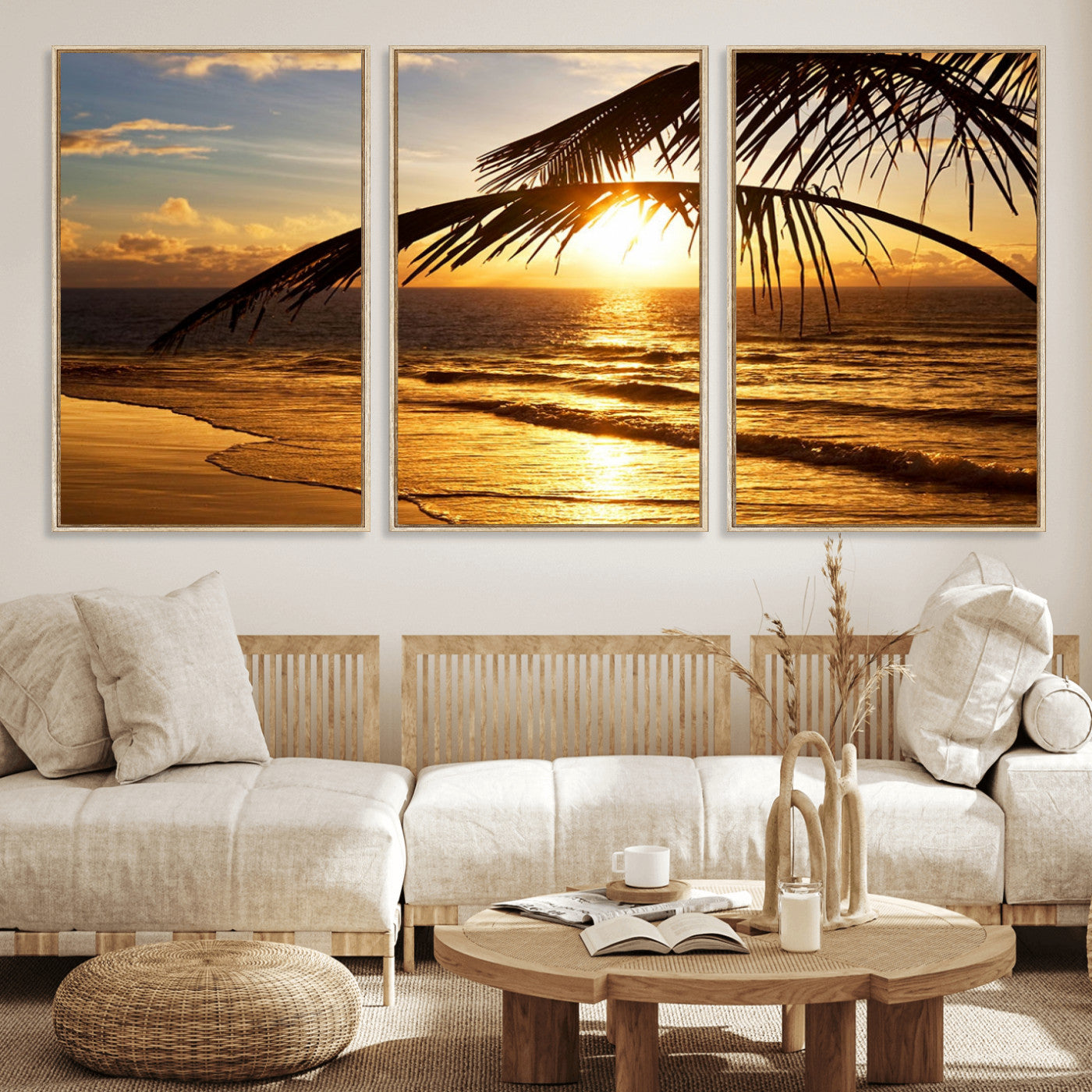 -Golden Tropical Beach Sunset Canvas Triptych, Coastal Palm Tree Wall Art, Ocean Shoreline Giclee