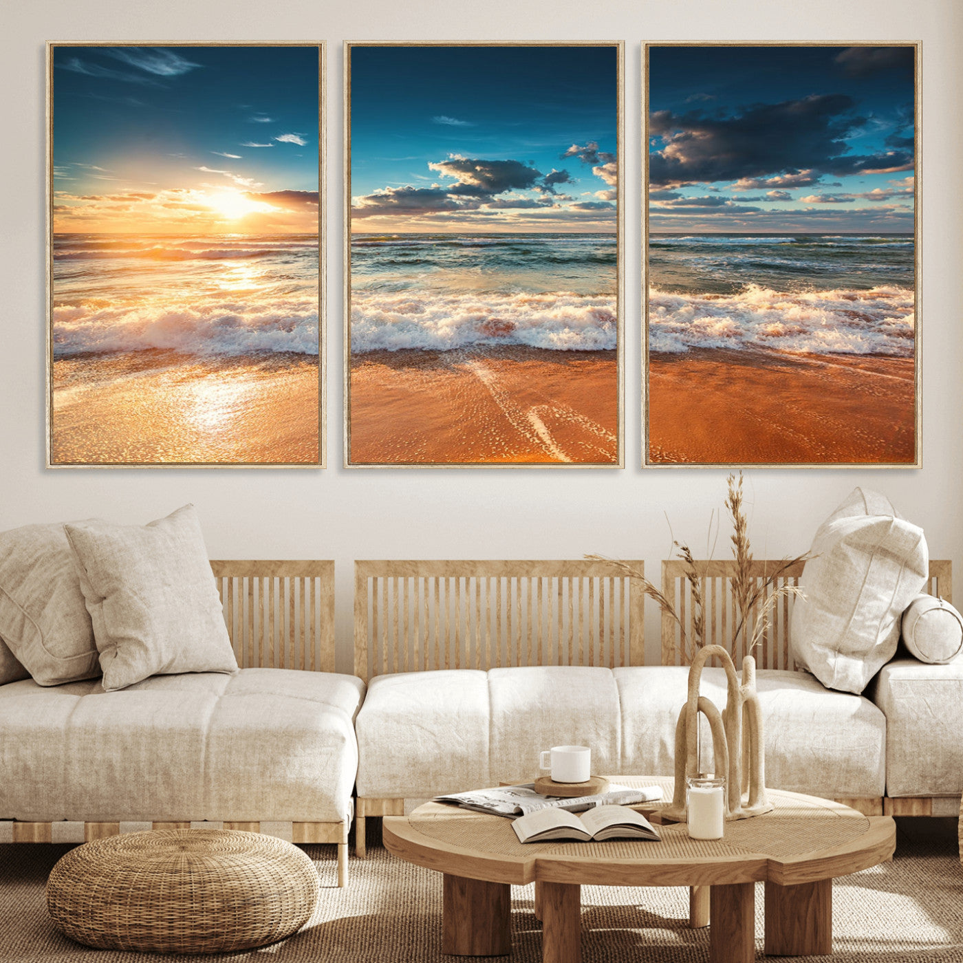 35648-MGV-FC-60X30-3P_Natural-Golden Sunset Beach Triptych Canvas Art, Giclee Coastal Wall Decor, Ocean Waves Print, Modern Beach