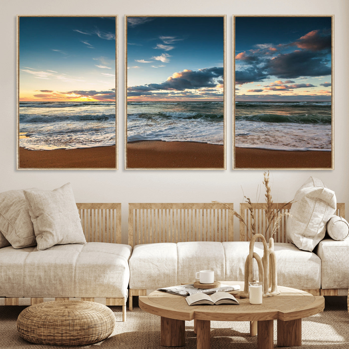 58103-MGV-FC-60X30-3P_Natural-Ocean Beach Wall Art Canvas Print Sunset Artwork Print Coastal Wall Art
