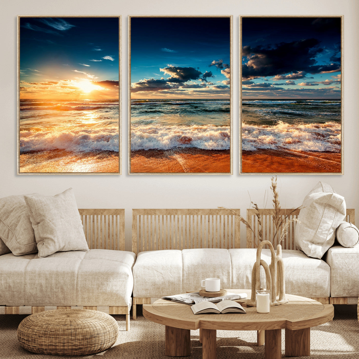 26996-MGV-FC-60X30-3P_Natural-Golden Hour Sunset Over Ocean Waves Wall Art Canvas Print | 3 Panel Coastal Landscape Canvas Wall