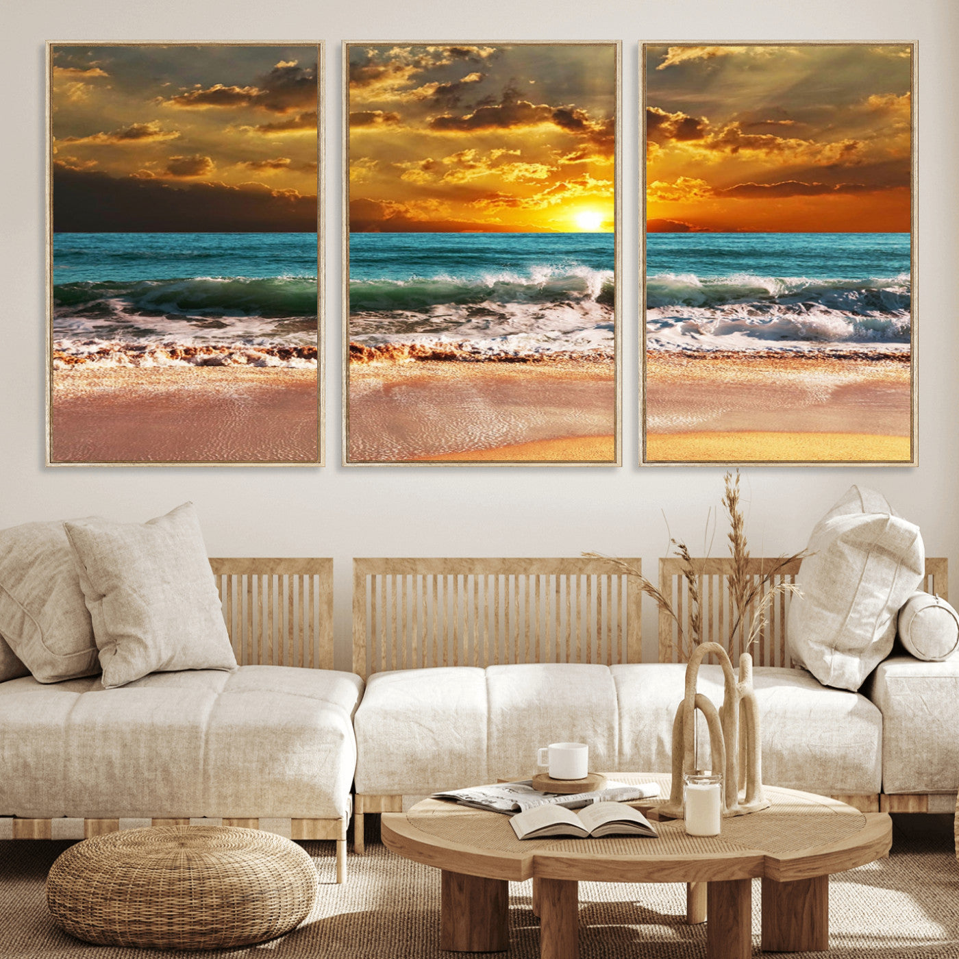16495-MGV-CV-36X24-Golden Sunset Beach Canvas Wall Art – Triptych Seascape Print – Framed and Ready to Hang for Living