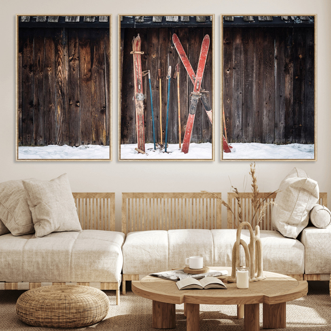 -Vintage Ski Gear Canvas Print, Vintage Ski Gear Against Wooden Cabin Wall, Rustic Winter Sports