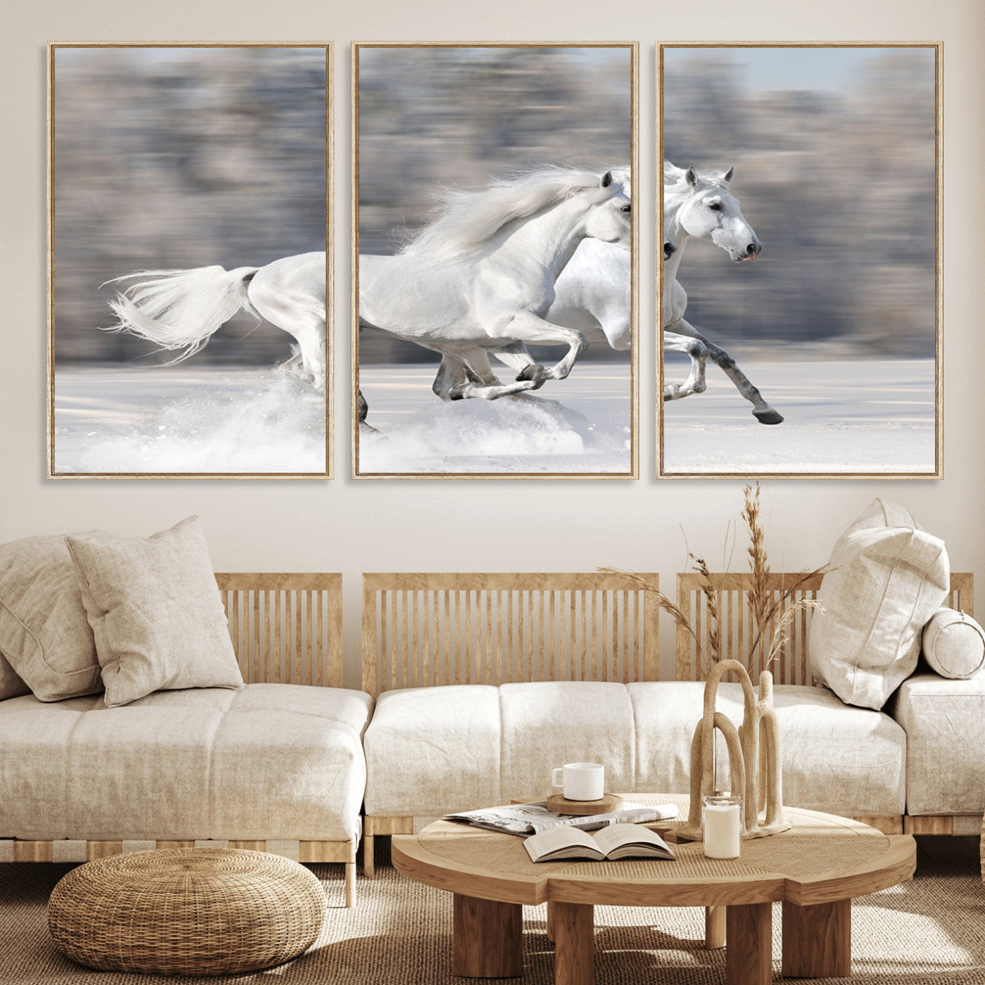30973-MGV-FC-60X30-3P_Natural-The White Horses Wall Art, Framed White Horses Wall Art Canvas Print