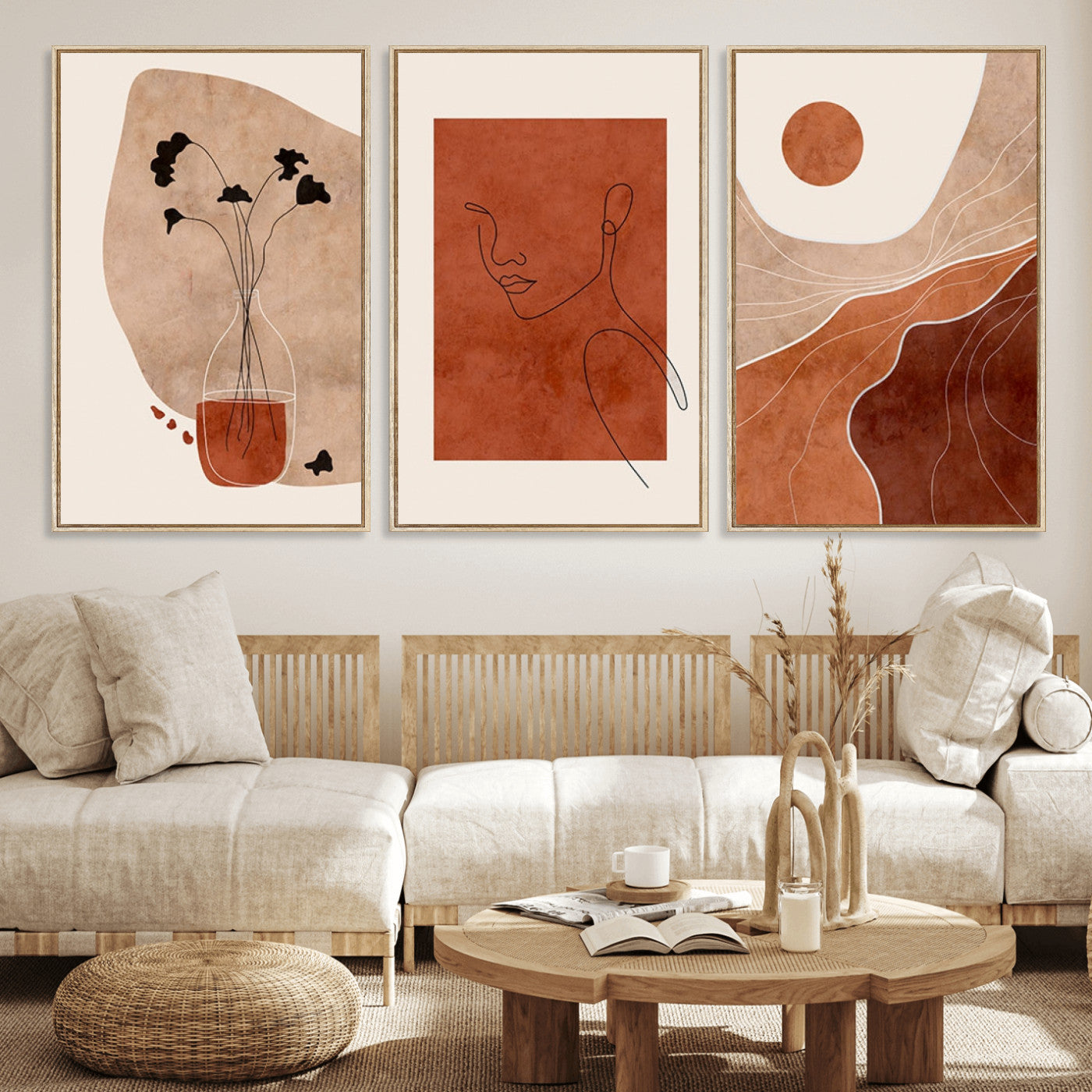56768-MGV-CV-60X30-3P - Boho Sunset Mountain Canvas Print, Modern Boho Sunset Mountain Landscape Triptych – Giclée Canvas