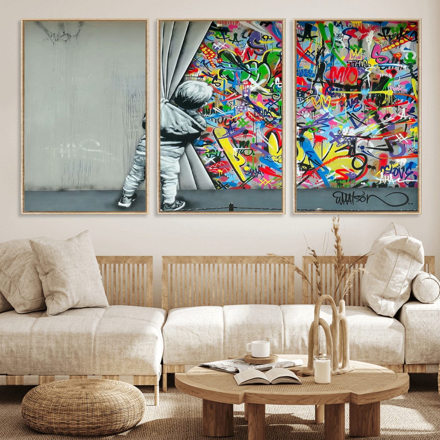 51713-MGV-CV-36X24-Banksy Colorful Street Graffiti Canvas Wall Art Print, Modern Art Triptych, Child and Graffiti Wall,